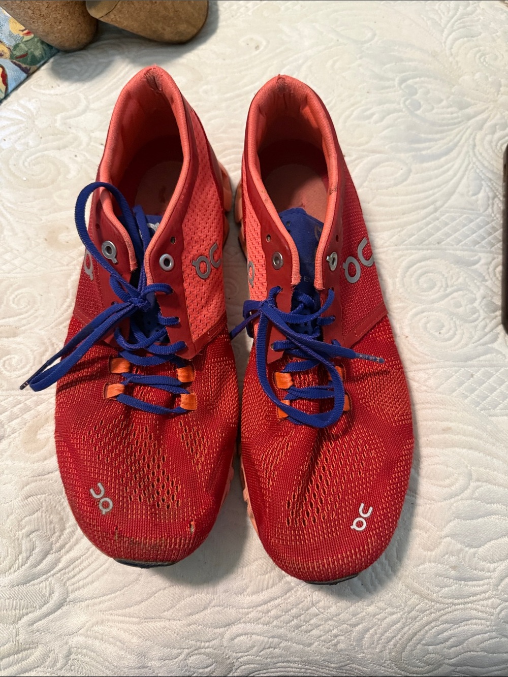 On Running Women’s Red Athletic Sneakers with Blue Laces